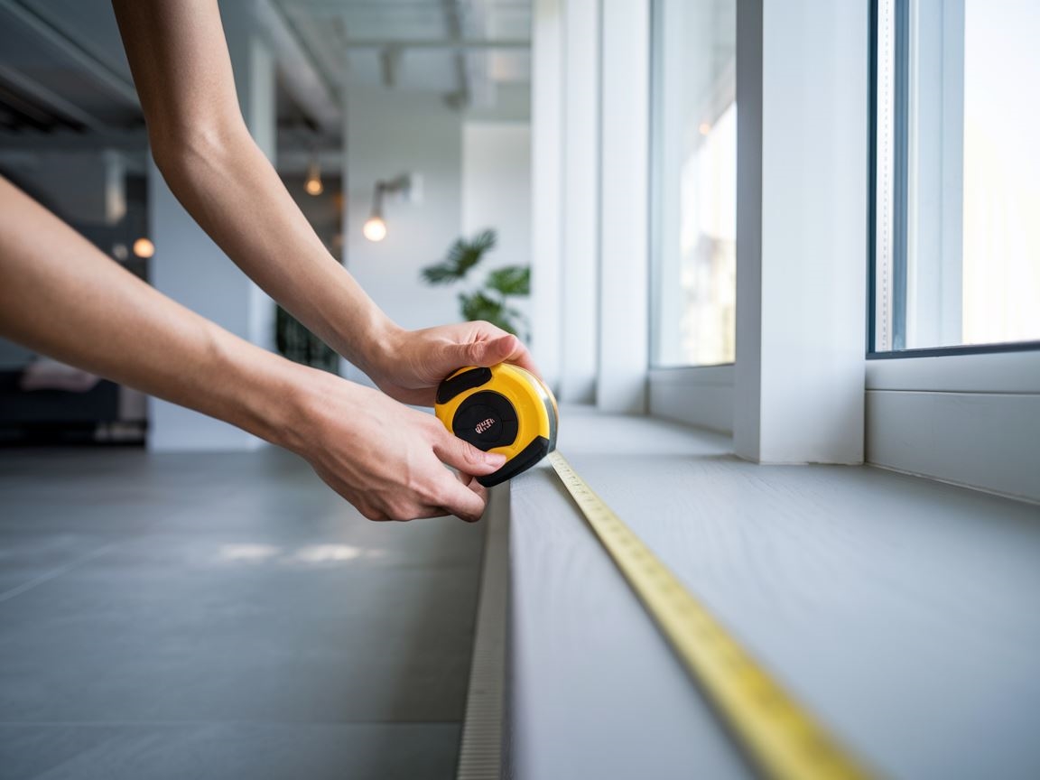 Osoba mierząca okno do rolet za pomocą miarki